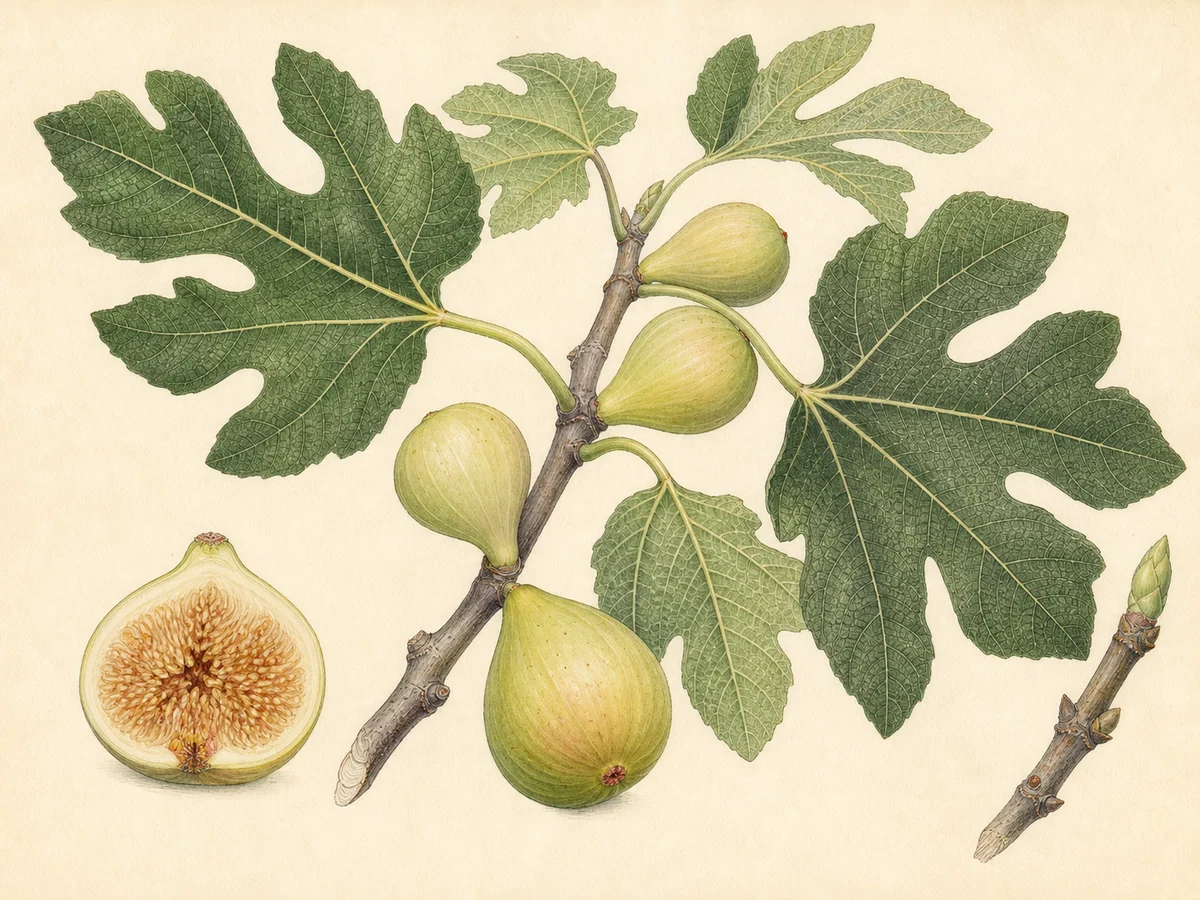 Prancha botânica complementar de Figueira ‘Bebera Branca’ (Ficus carica L. ‘Bebera Branca’) com caracteres de identificação e ciclo de vida