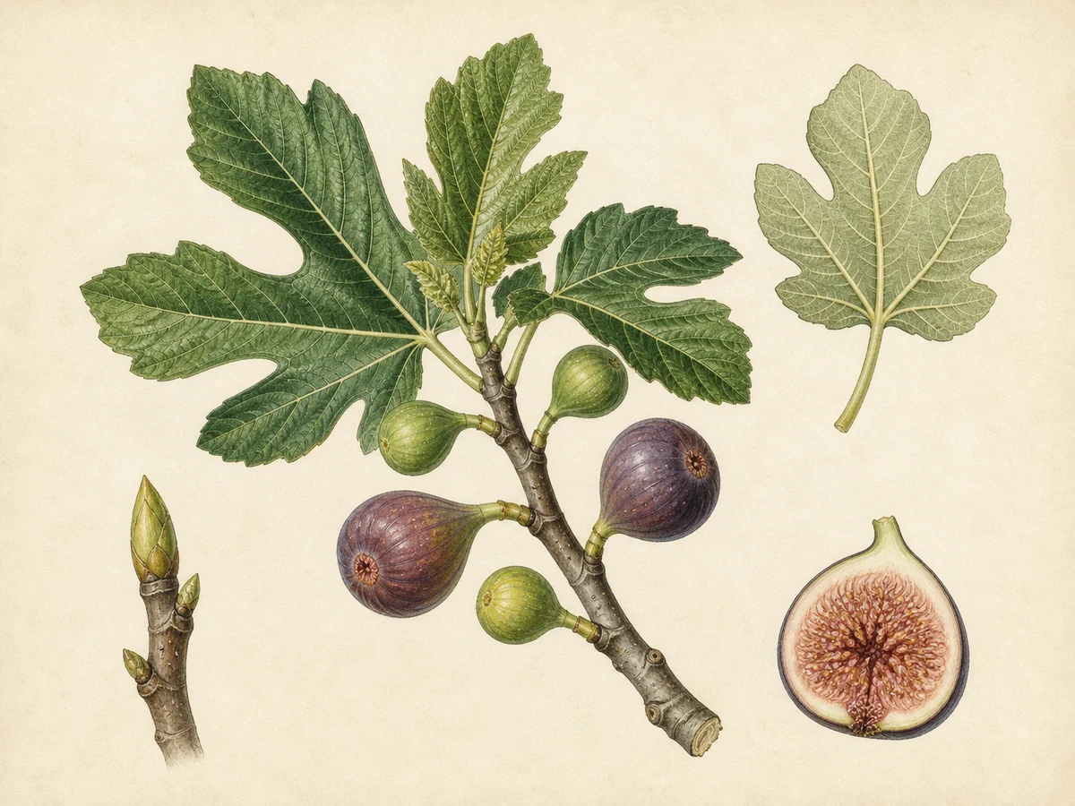 Prancha botânica complementar de Figueira ‘Da Ponte de Quarteira’ (Ficus carica L. ‘Da Ponte de Quarteira’) com caracteres de identificação e ciclo de vida