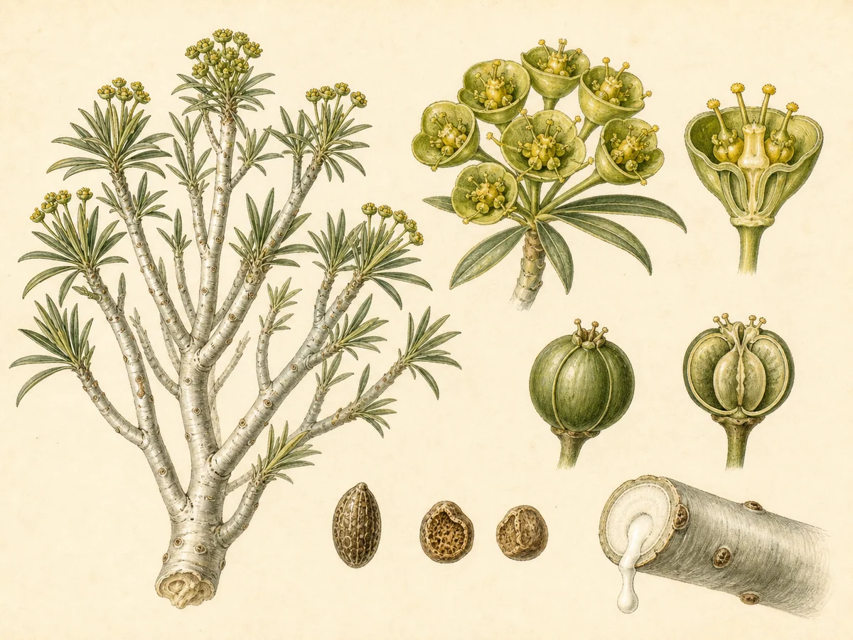Prancha botânica complementar de Figueira-do-inferno-da-Madeira (Euphorbia piscatoria) com caracteres de identificação e ciclo de vida