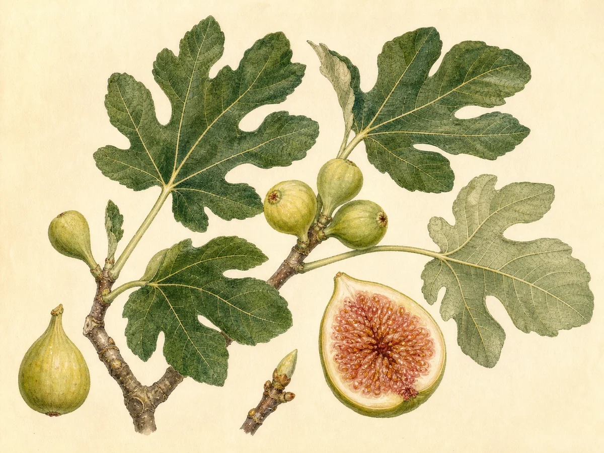 Prancha botânica complementar de Figueira ‘Euxária Branca’ (Ficus carica L. ‘Euxária Branca’) com caracteres de identificação e ciclo de vida