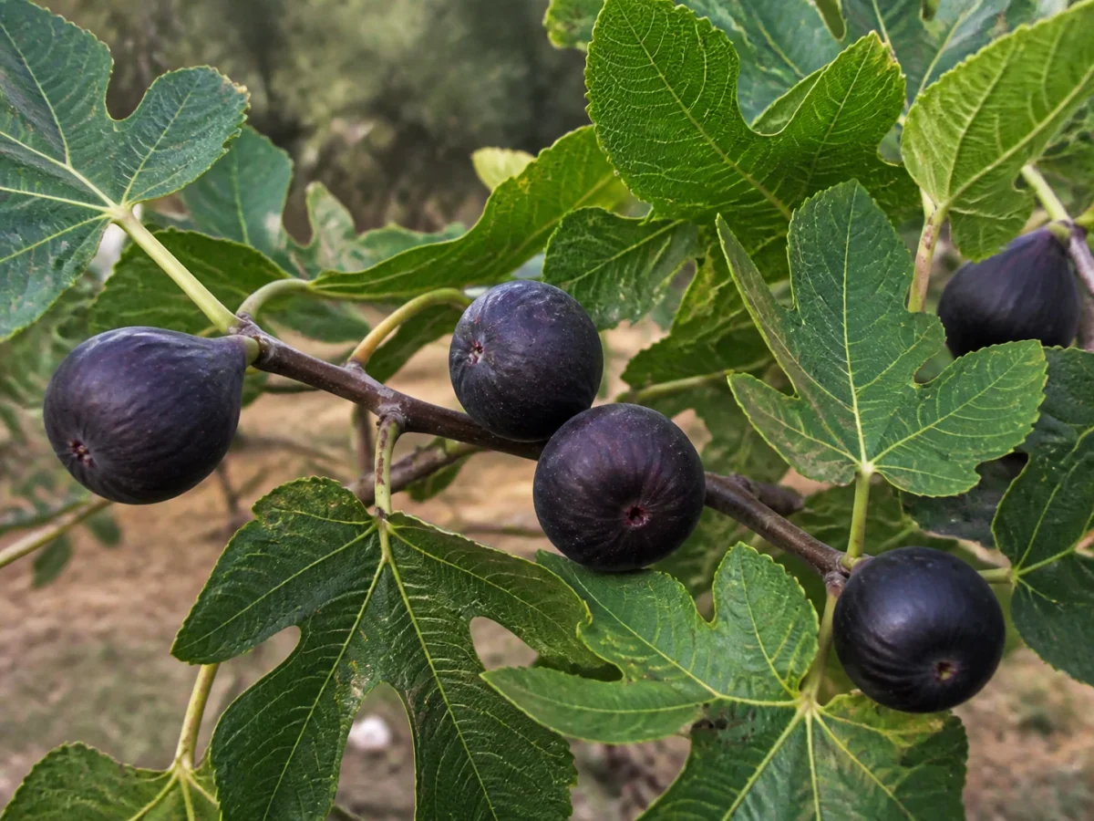 Prancha botânica complementar de Figueira ‘Euxária Preta’ (Ficus carica L. ‘Euxária Preta’) com caracteres de identificação e ciclo de vida