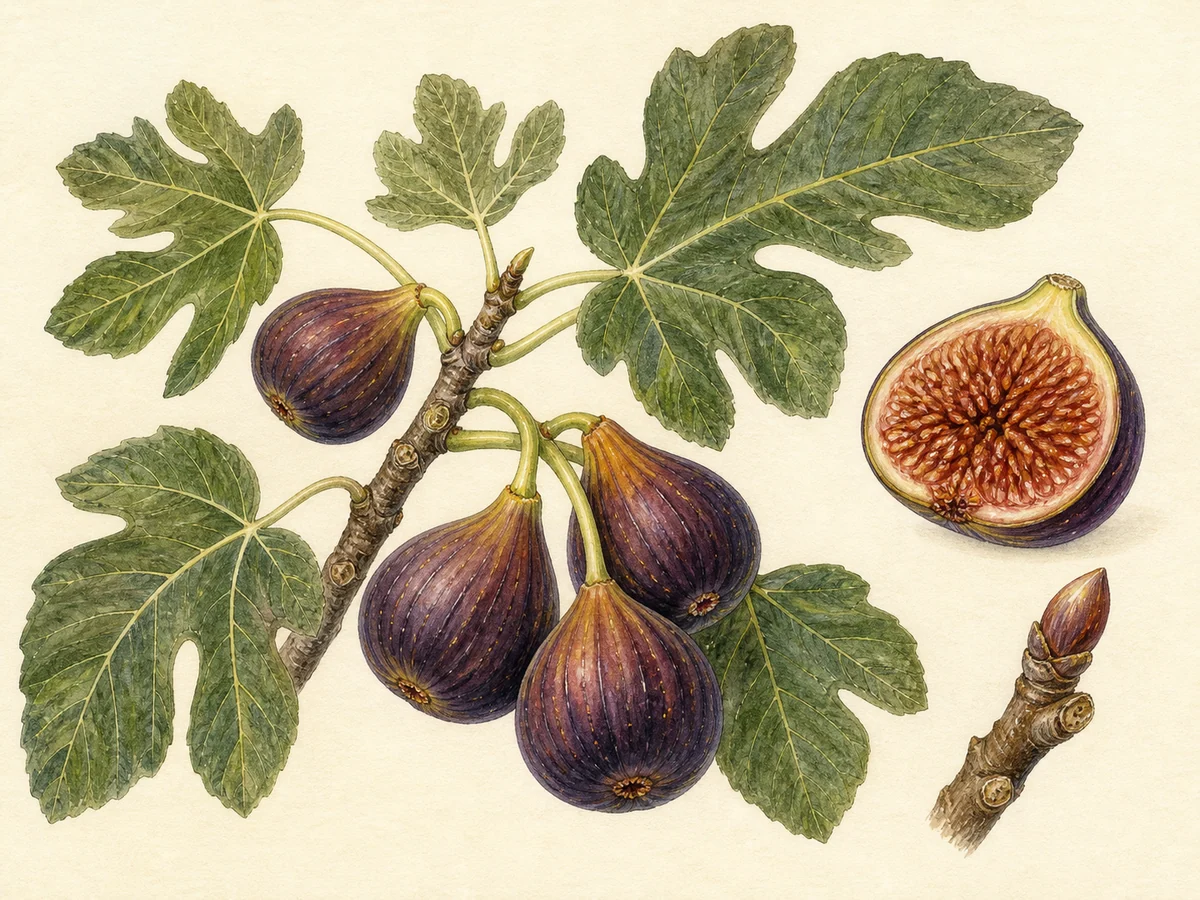 Prancha botânica complementar de Figueira ‘Figo Doce’ (Ficus carica L. ‘Figo Doce’) com caracteres de identificação e ciclo de vida