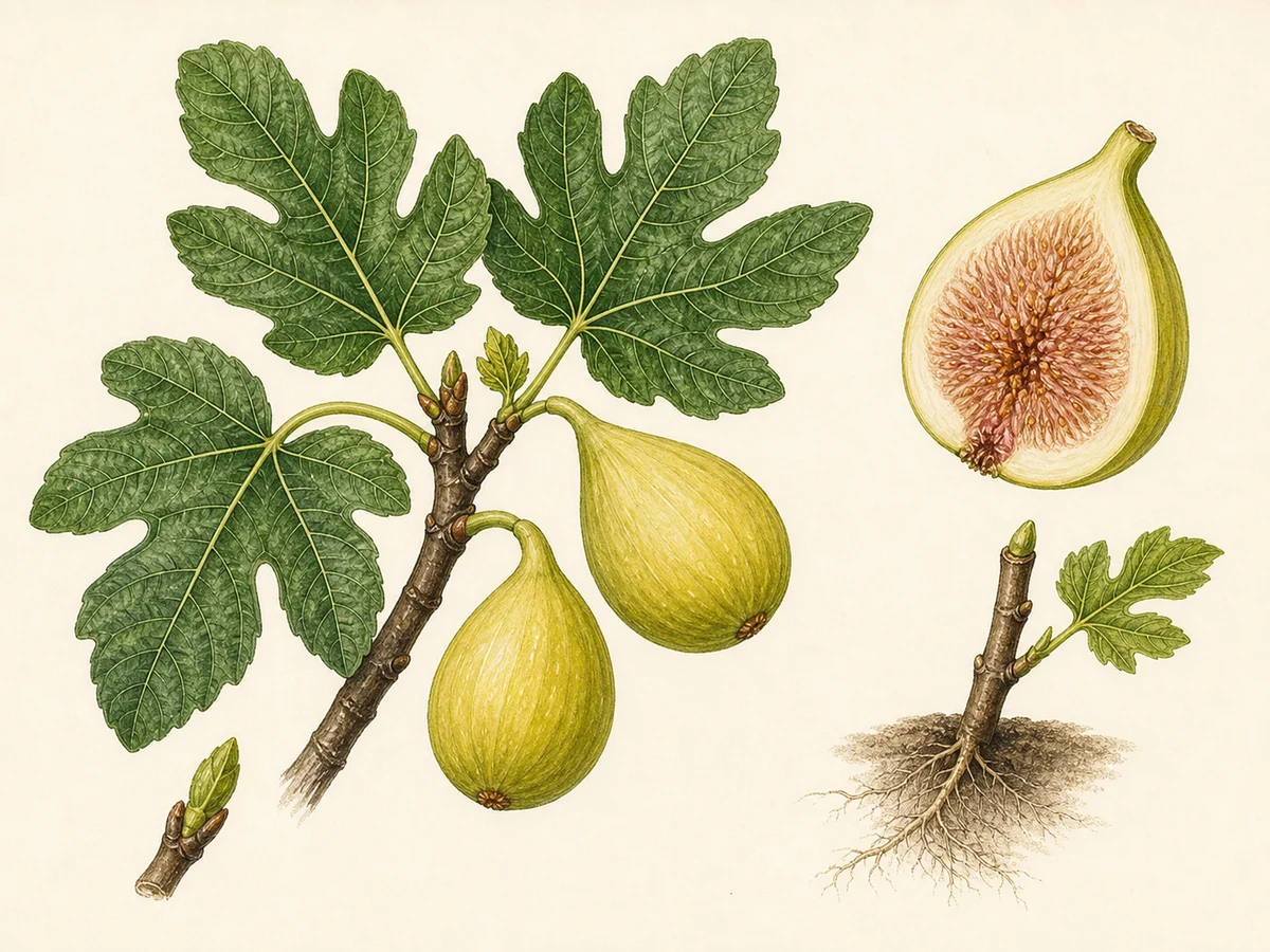 Prancha botânica complementar de Figueira ‘Lampa Branca’ (Ficus carica L. ‘Lampa Branca’) com caracteres de identificação e ciclo de vida