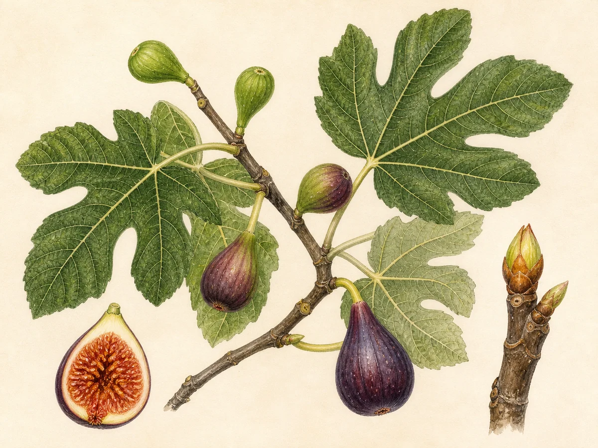 Prancha botânica complementar de Figueira ‘Princesa’ (Ficus carica L. ‘Princesa’) com caracteres de identificação e ciclo de vida