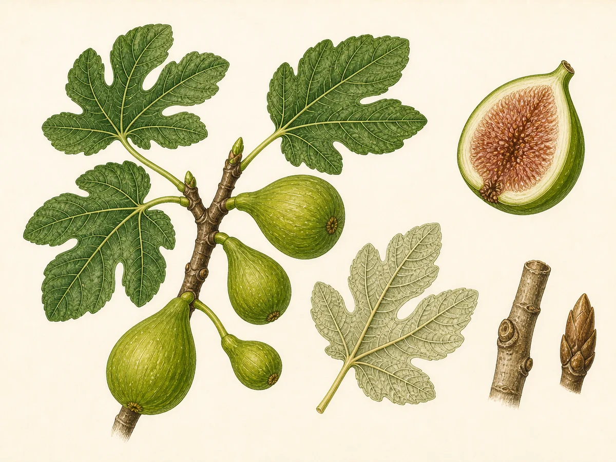 Prancha botânica complementar de Figueira ‘Verdeal’ (Ficus carica L. ‘Verdeal’) com caracteres de identificação e ciclo de vida