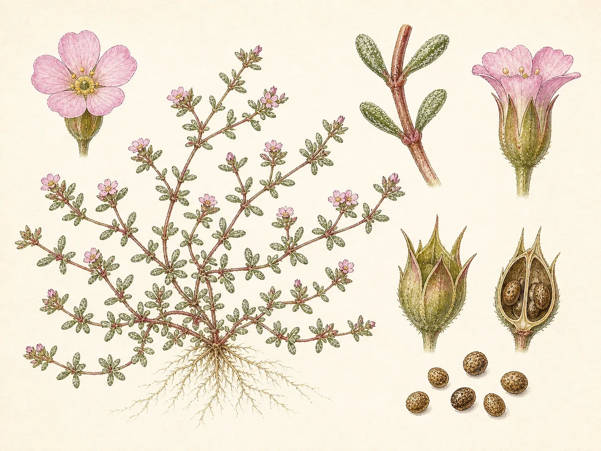 Prancha botânica complementar de Flor-de-andorinha (Frankenia pulverulenta) com caracteres de identificação e ciclo de vida