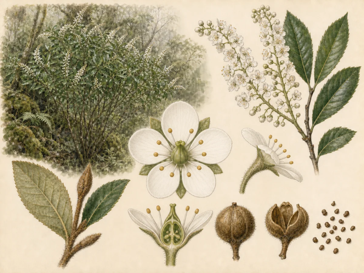 Prancha botânica complementar de Folhado-da-Madeira (Clethra arborea) com caracteres de identificação e ciclo de vida