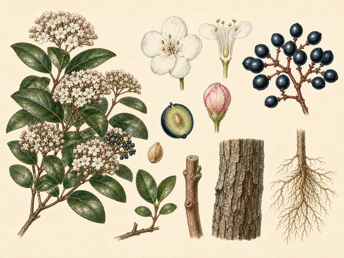 Prancha botânica complementar de Folhado (Viburnum tinus) com caracteres de identificação e ciclo de vida