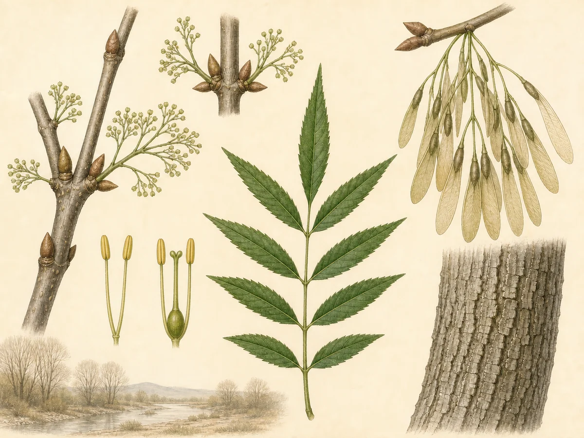 Prancha botânica complementar de Freixo-de-folhas-estreitas (Fraxinus angustifolia subsp. angustifolia) com caracteres de identificação e ciclo de vida
