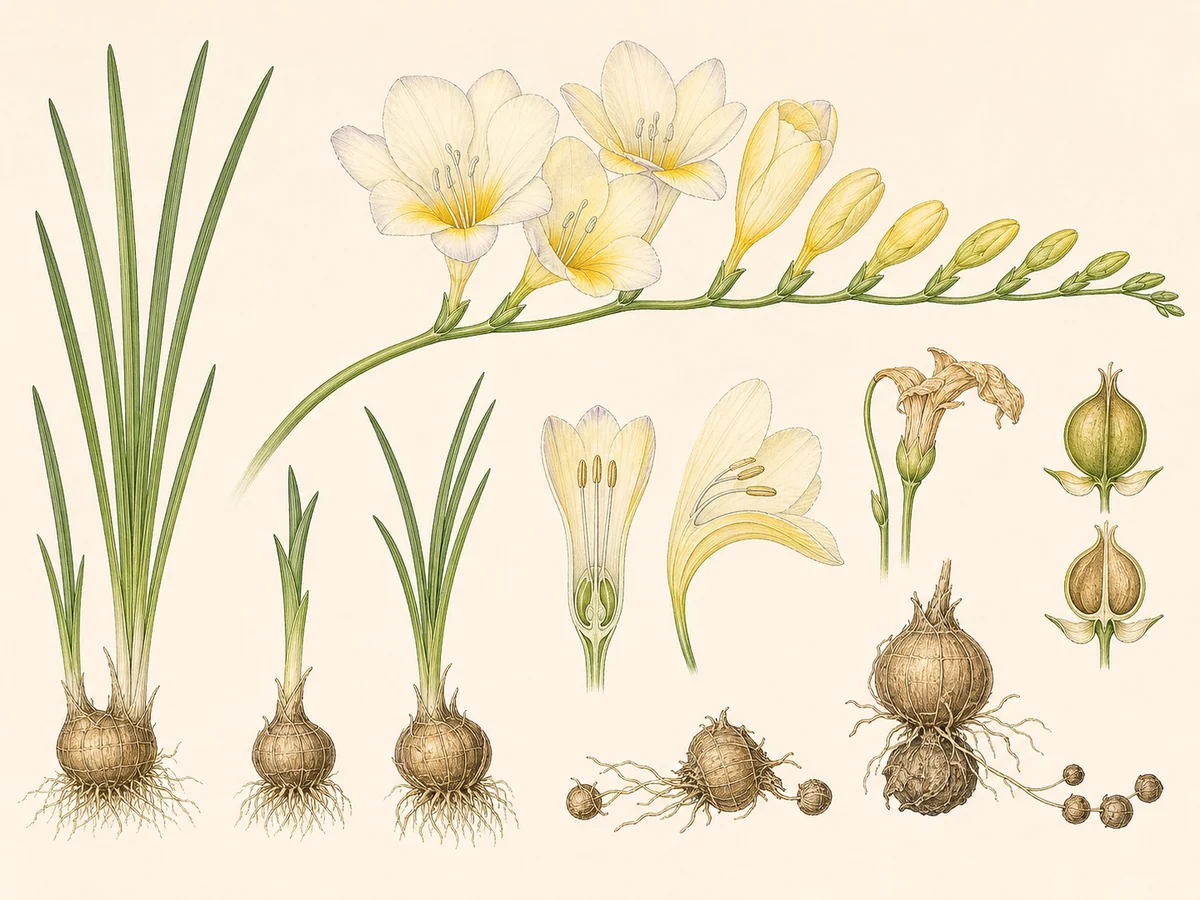 Prancha botânica complementar de Frésia (Freesia × hybrida) com caracteres de identificação e ciclo de vida