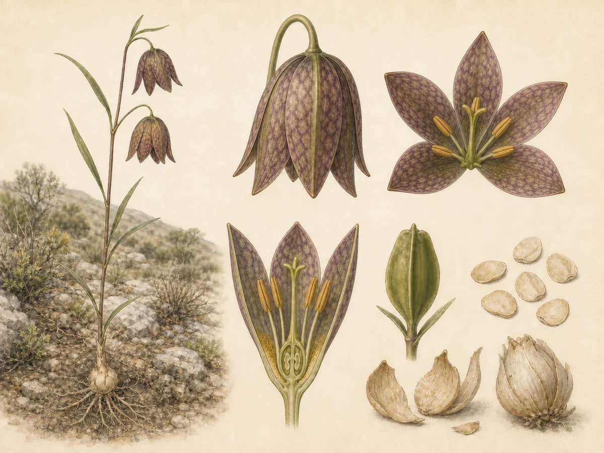 Prancha botânica complementar de Fritilária-lusitana (Fritillaria lusitanica) com caracteres de identificação e ciclo de vida