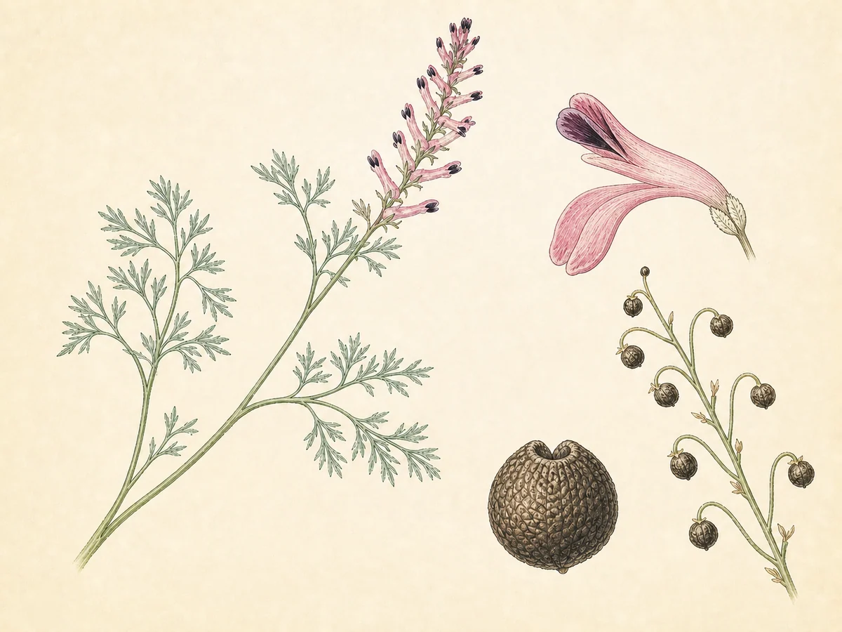 Prancha botânica complementar de Fumária-comum (Fumaria officinalis) com caracteres de identificação e ciclo de vida