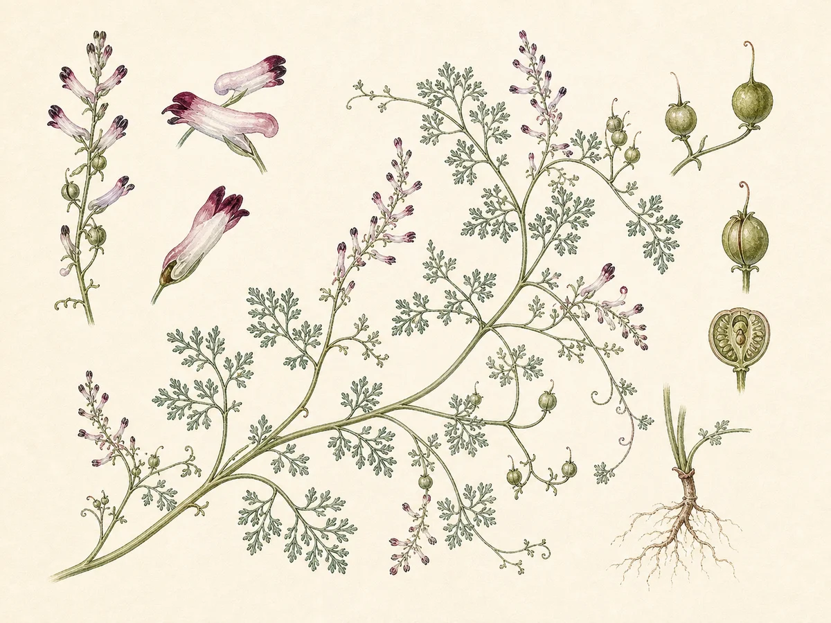 Prancha botânica complementar de Erva-moleirinha-maior (Fumaria capreolata) com caracteres de identificação e ciclo de vida