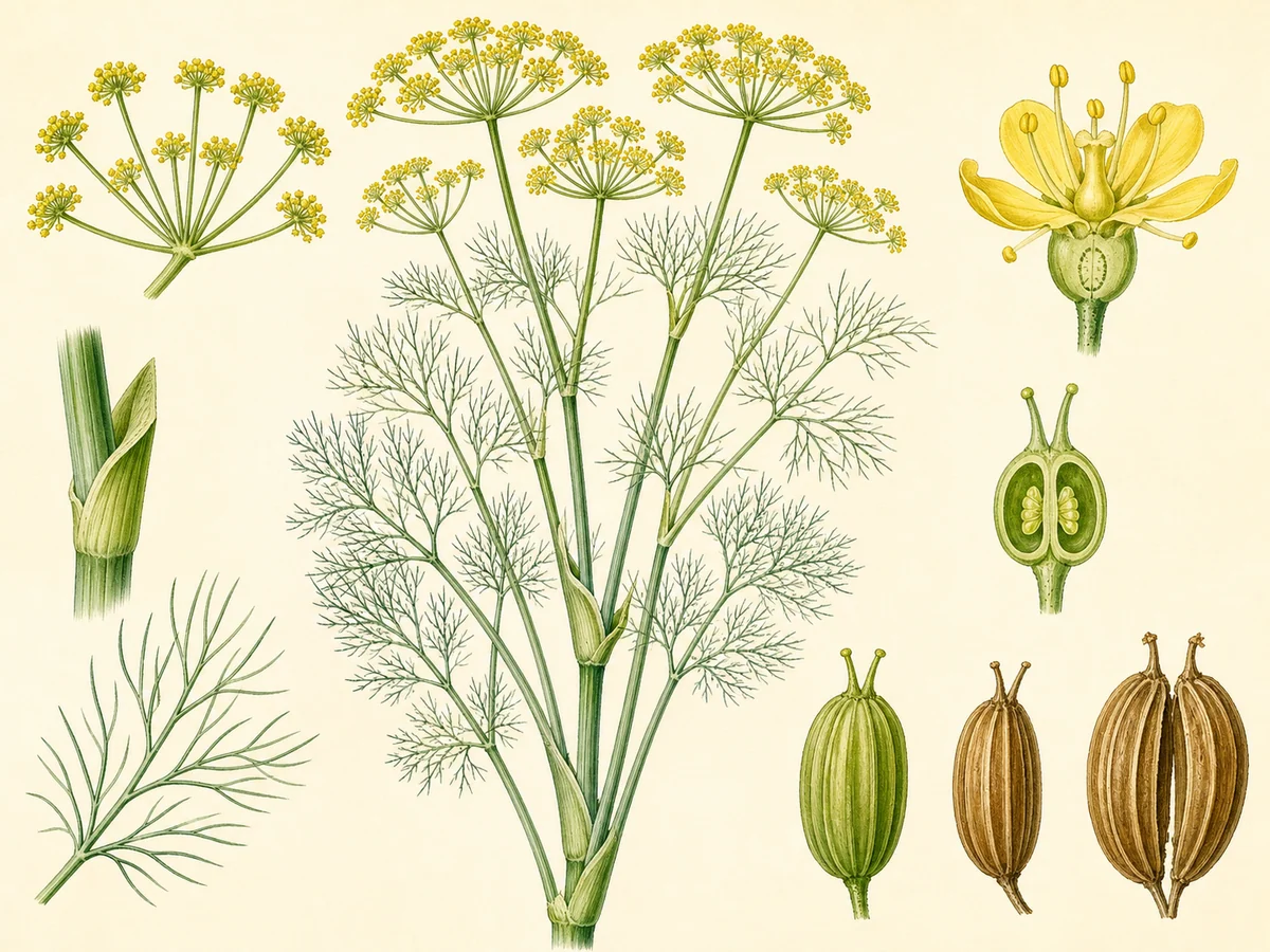 Prancha botânica complementar de Funcho-bravo (Foeniculum vulgare) com caracteres de identificação e ciclo de vida