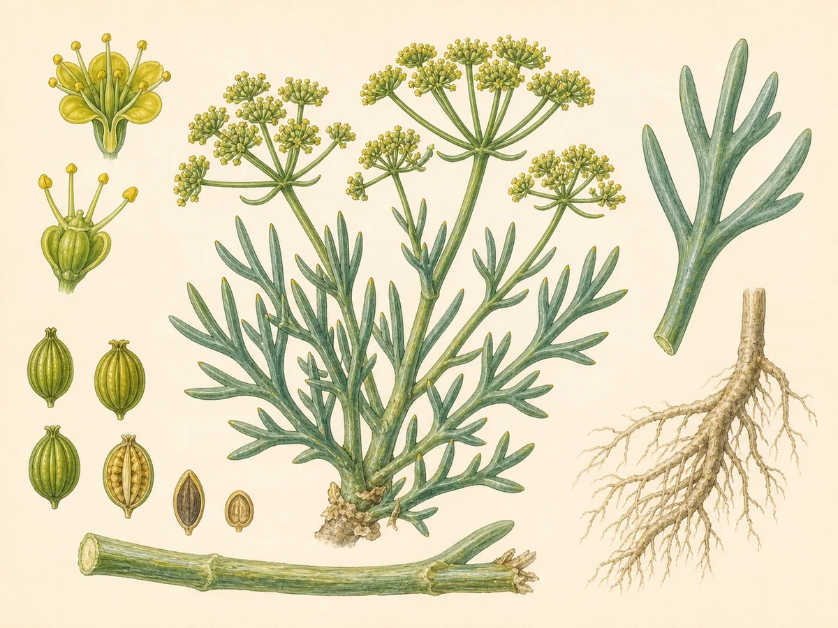 Prancha botânica complementar de Funcho-marítimo (Crithmum maritimum) com caracteres de identificação e ciclo de vida