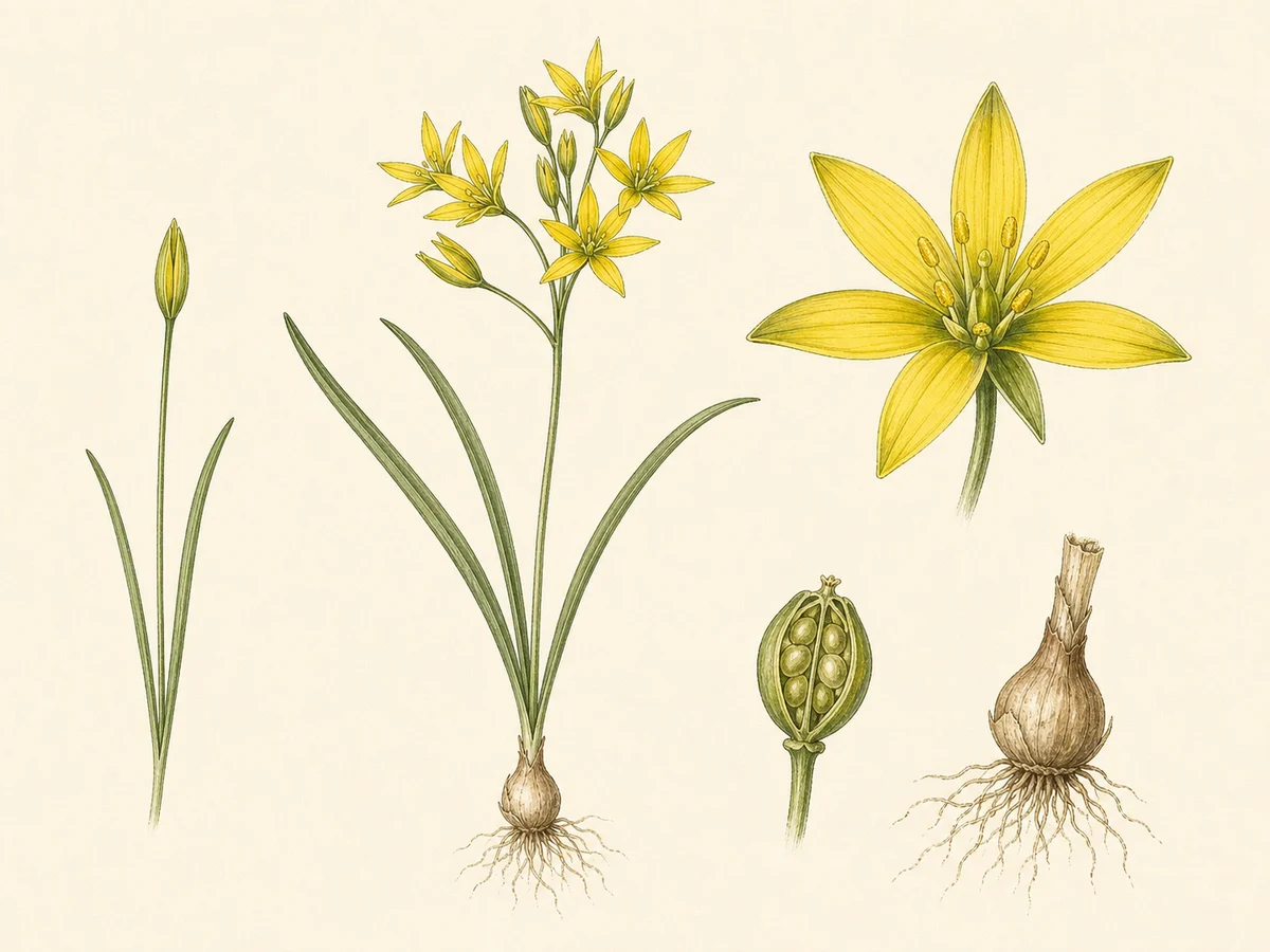 Prancha botânica complementar de Gagea-dos-prados (Gagea pratensis) com caracteres de identificação e ciclo de vida