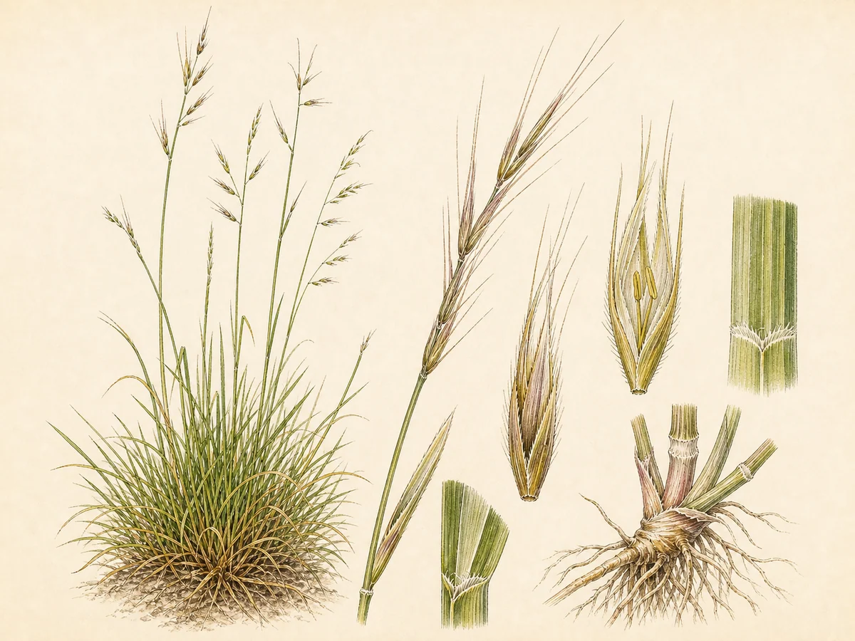 Prancha botânica complementar de Gaudínia-frágil (Gaudinia fragilis) com caracteres de identificação e ciclo de vida