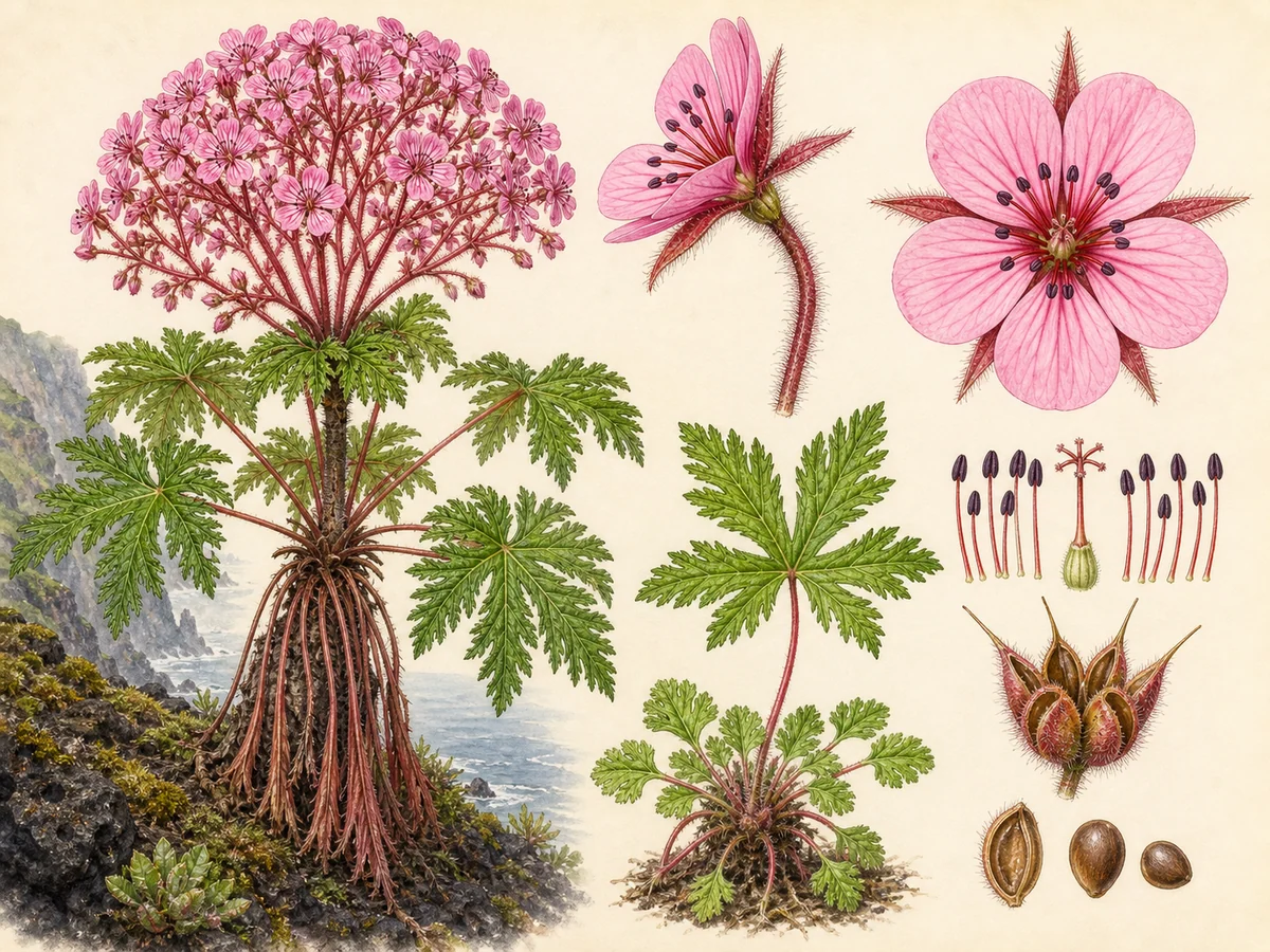 Prancha botânica complementar de Gerânio-da-Madeira (Geranium maderense) com caracteres de identificação e ciclo de vida