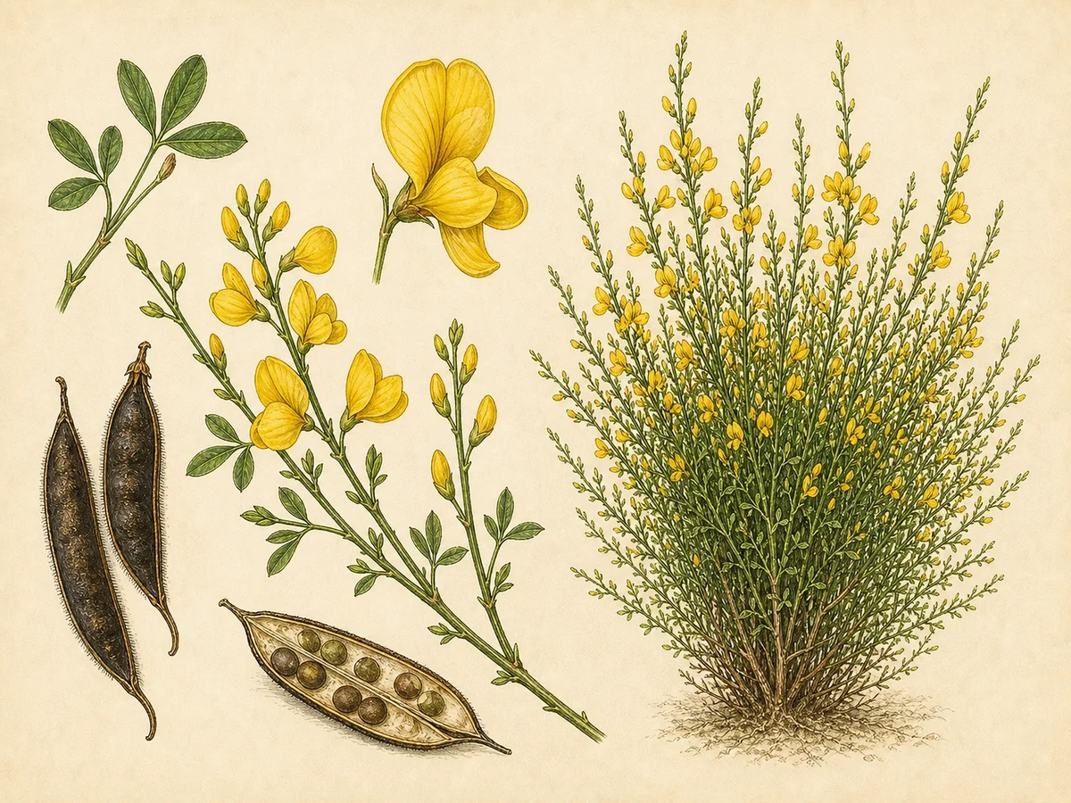 Prancha botânica complementar de Giesteira-das-vassouras — não plantar na Madeira (Cytisus scoparius subsp. scoparius) com caracteres de identificação e ciclo de vida