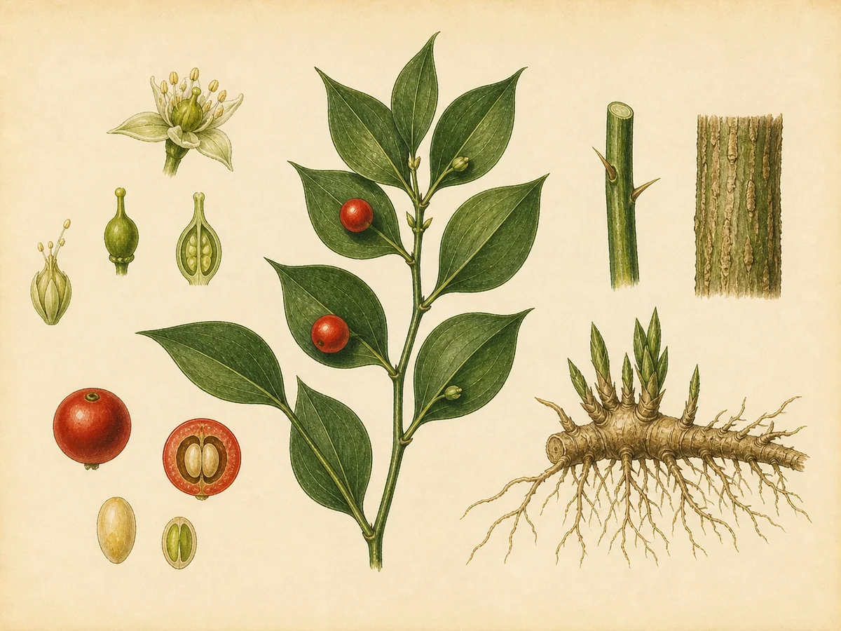 Prancha botânica complementar de Gilbardeira (Ruscus aculeatus) com caracteres de identificação e ciclo de vida