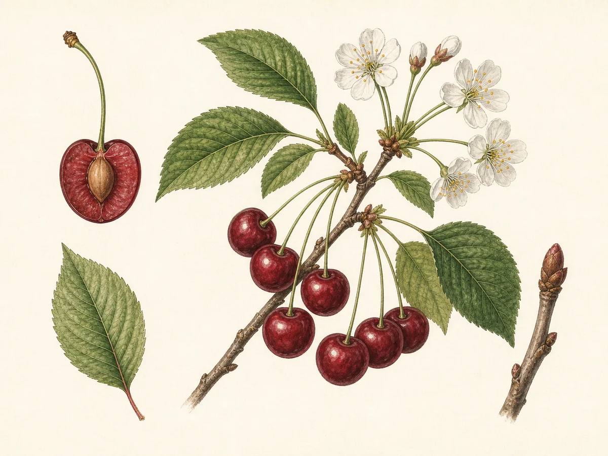 Prancha botânica complementar de Ginjeira ‘Capuchos’ (Prunus cerasus L. ‘Capuchos’) com caracteres de identificação e ciclo de vida