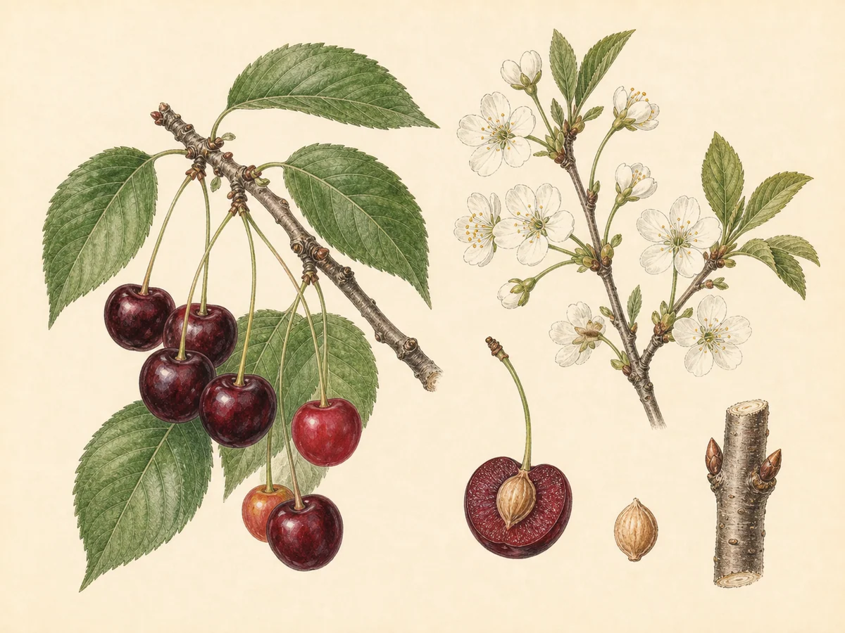 Prancha botânica complementar de Ginjeira ‘Folha no Pé’ (Prunus cerasus L. ‘Folha no Pé’) com caracteres de identificação e ciclo de vida