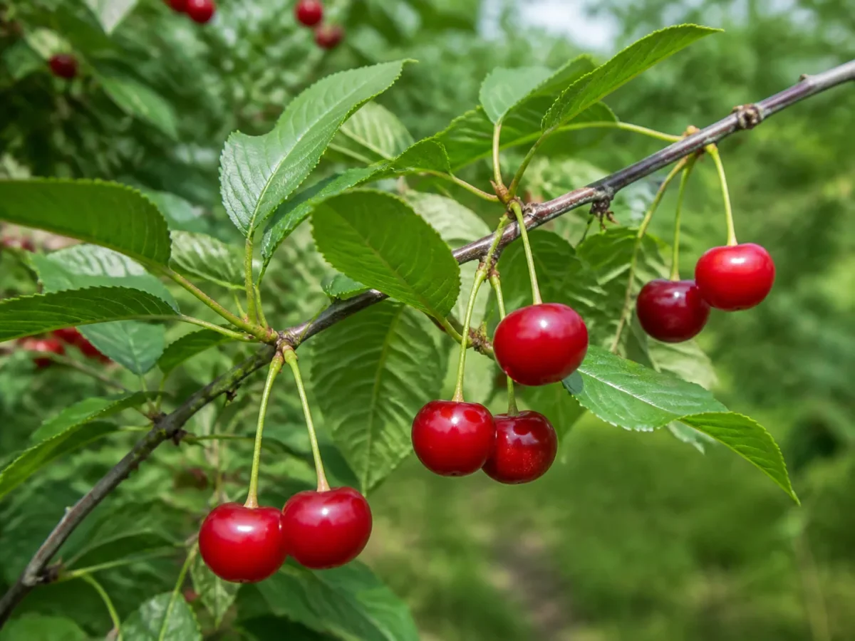 Prancha botânica complementar de Ginjeira ‘Galega’ (Prunus cerasus L. ‘Galega’) com caracteres de identificação e ciclo de vida