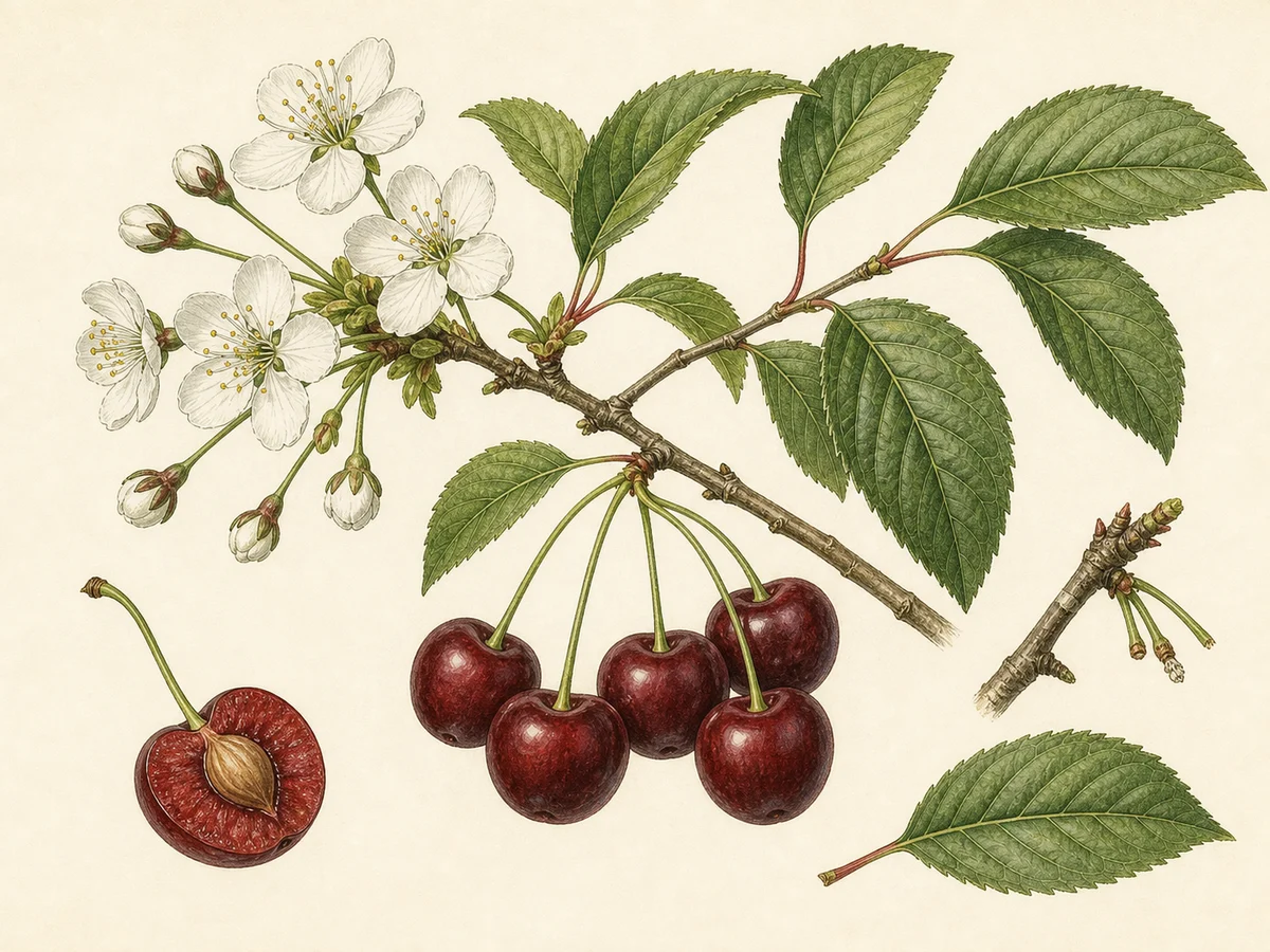 Prancha botânica complementar de Ginjeira ‘Garrafal Negra’ (Prunus cerasus L. ‘Garrafal Negra’) com caracteres de identificação e ciclo de vida
