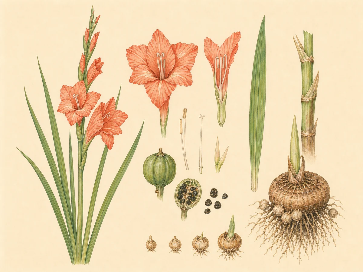 Prancha botânica complementar de Gladíolo (Gladiolus × hortulanus) com caracteres de identificação e ciclo de vida