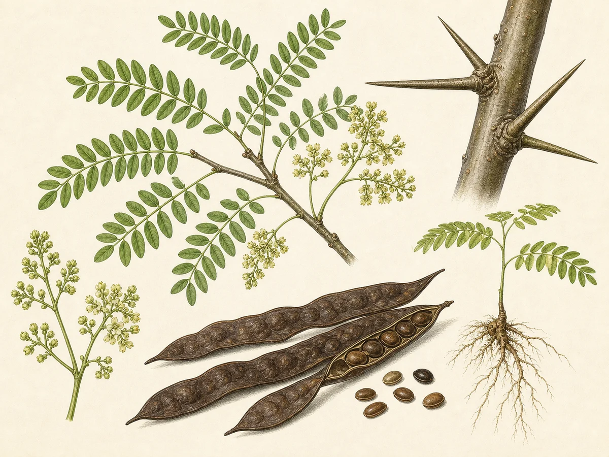 Prancha botânica complementar de Gledítsia — não plantar (Gleditsia triacanthos) com caracteres de identificação e ciclo de vida