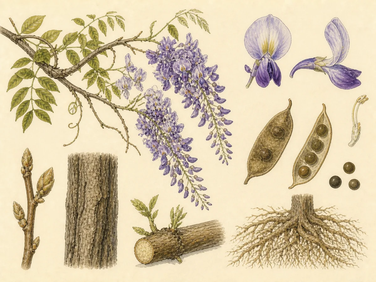 Prancha botânica complementar de Glicínia (Wisteria sinensis) com caracteres de identificação e ciclo de vida