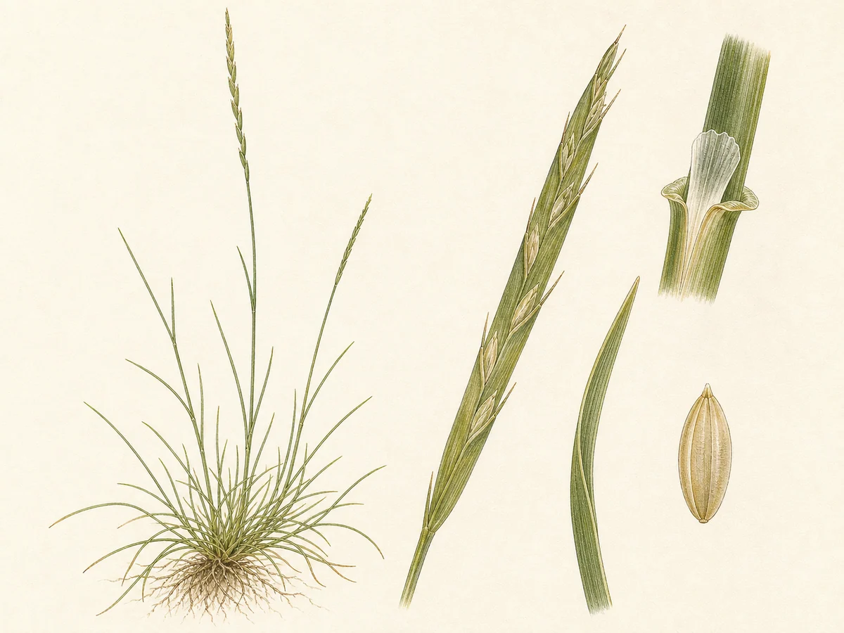 Prancha botânica complementar de Grama-filiforme (Parapholis filiformis) com caracteres de identificação e ciclo de vida