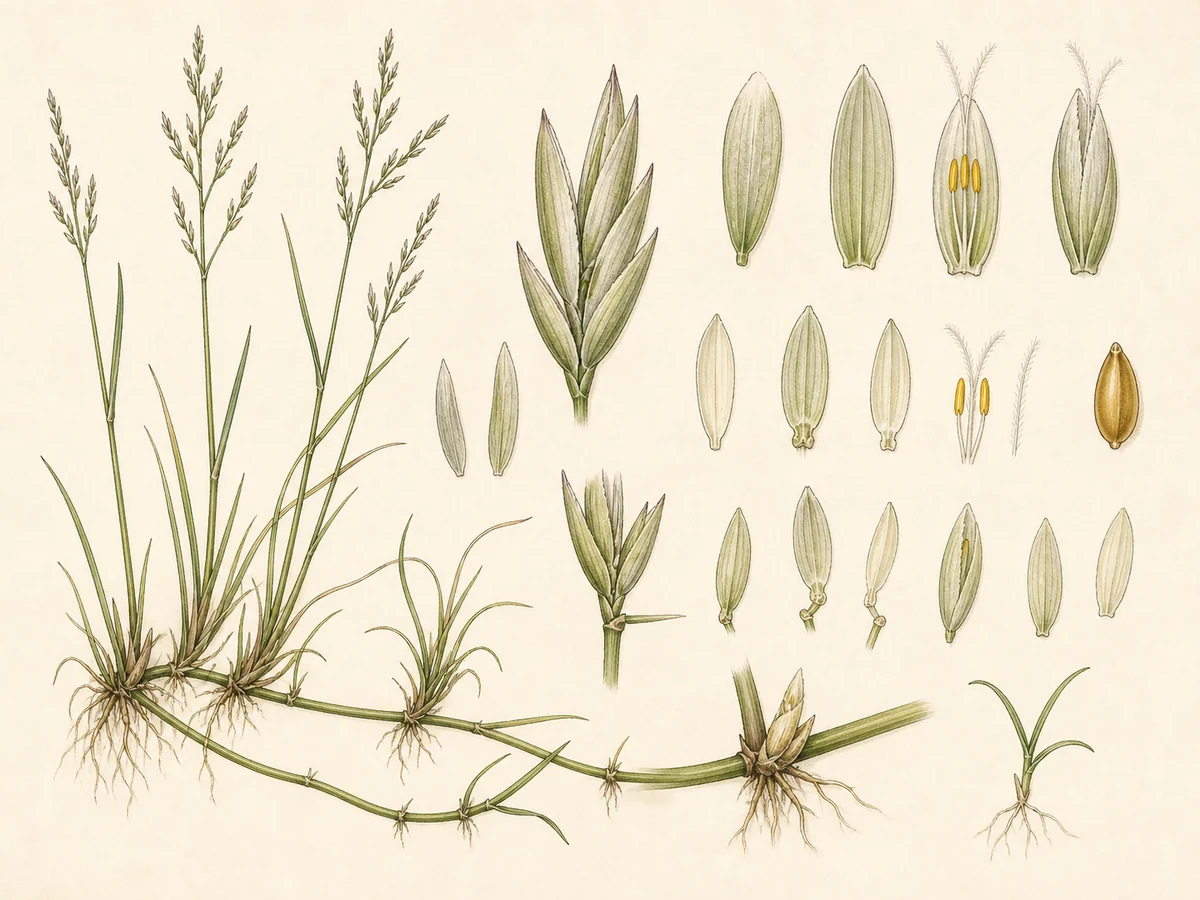 Prancha botânica complementar de Grama-salgada (Puccinellia maritima) com caracteres de identificação e ciclo de vida