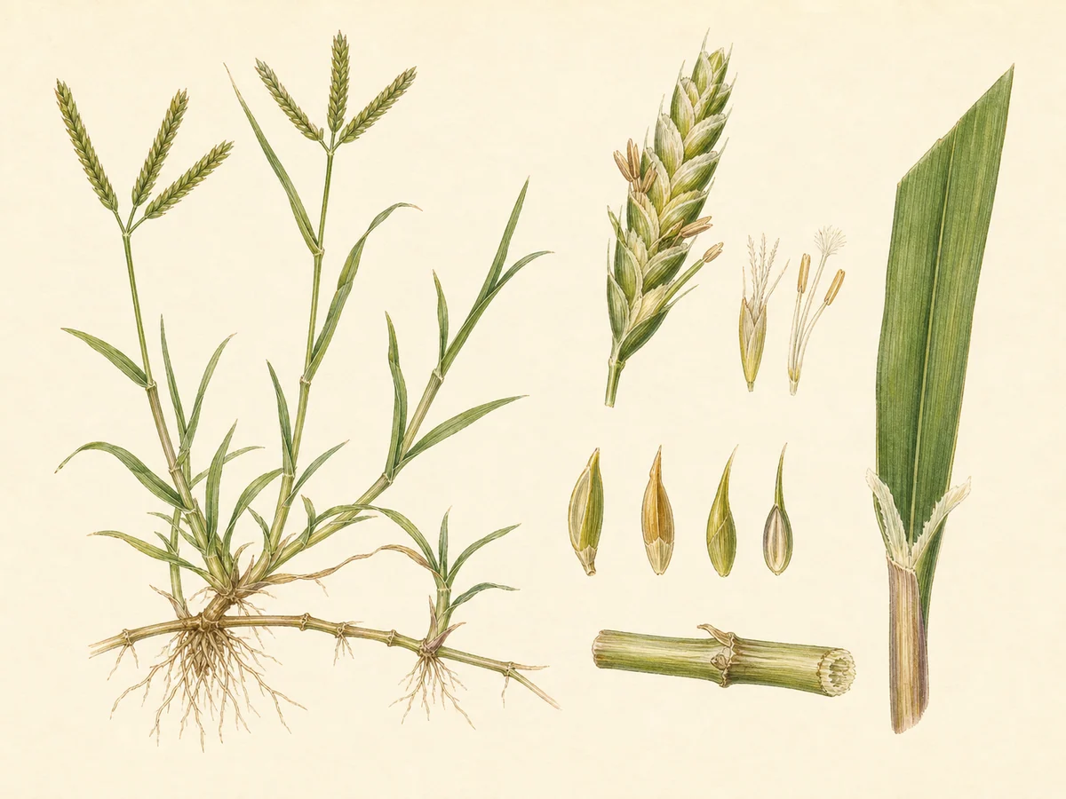 Prancha botânica complementar de Grama (Cynodon dactylon) com caracteres de identificação e ciclo de vida