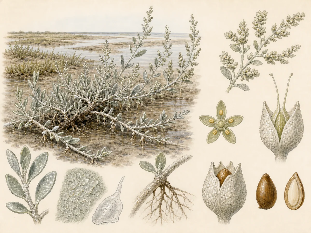 Prancha botânica complementar de Gramata-branca (Halimione portulacoides) com caracteres de identificação e ciclo de vida