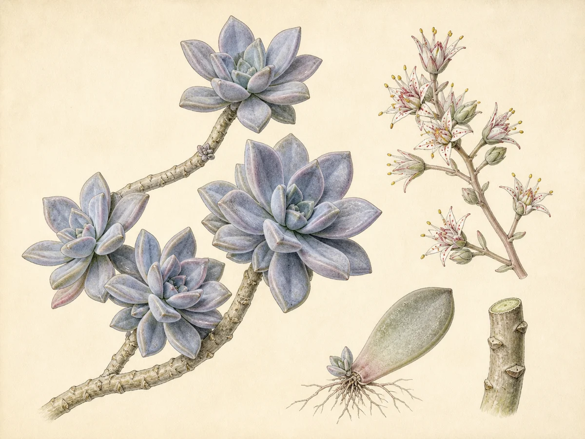 Prancha botânica complementar de Graptopétalo-fantasma (Graptopetalum paraguayense) com caracteres de identificação e ciclo de vida
