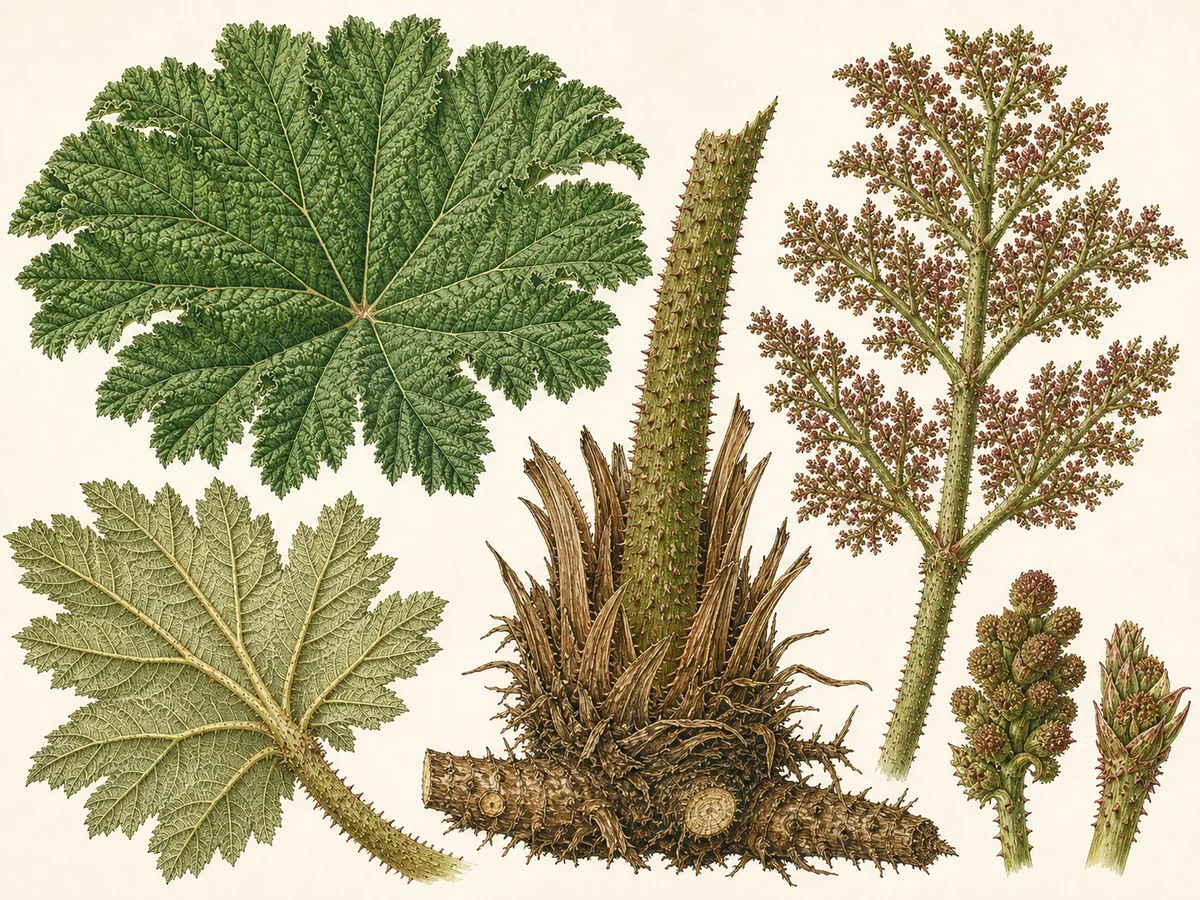 Prancha botânica complementar de Gunnera tinctoria — não plantar (Gunnera tinctoria) com caracteres de identificação e ciclo de vida