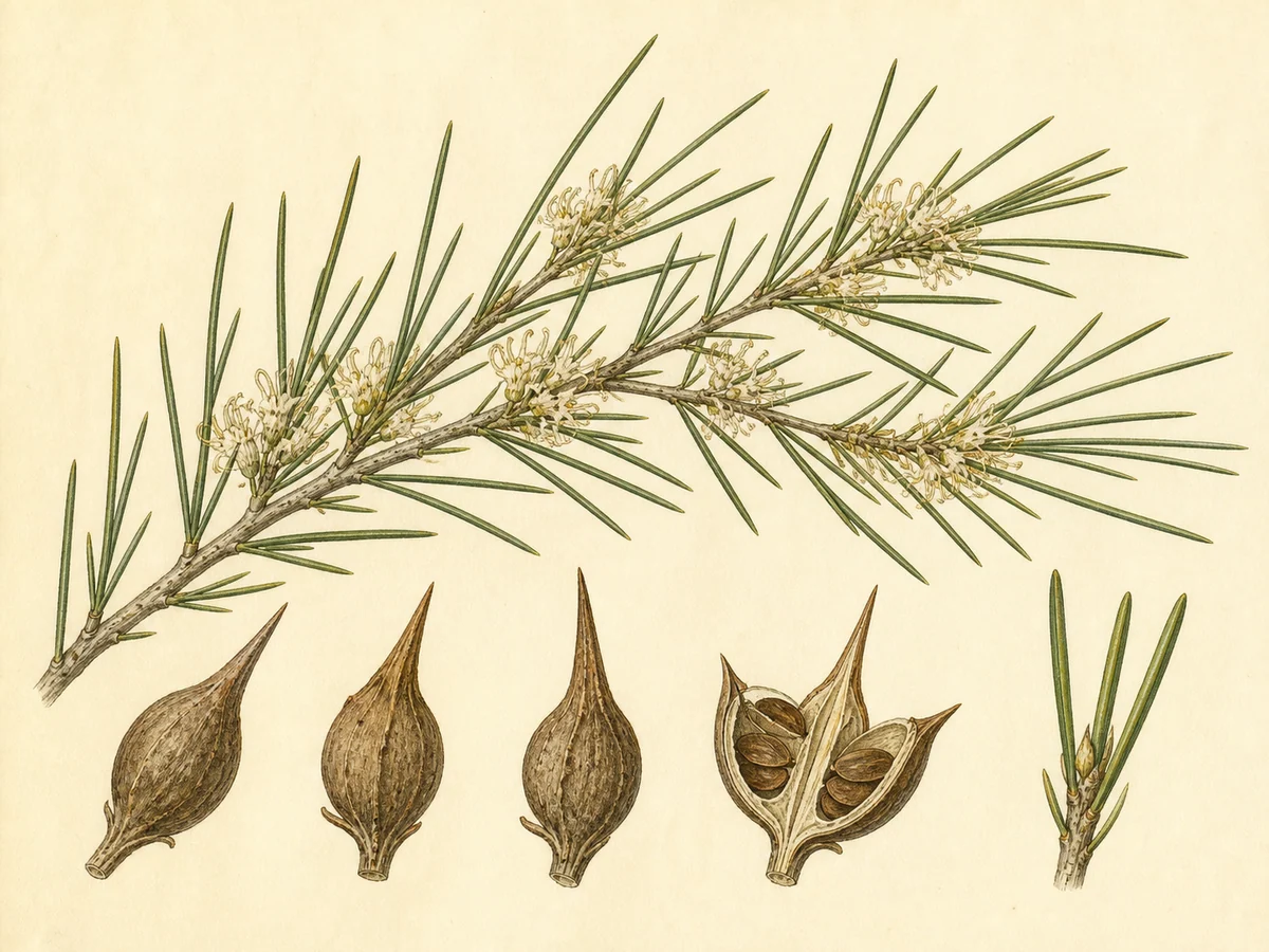 Prancha botânica complementar de Háquea-picante — não plantar (Hakea sericea) com caracteres de identificação e ciclo de vida