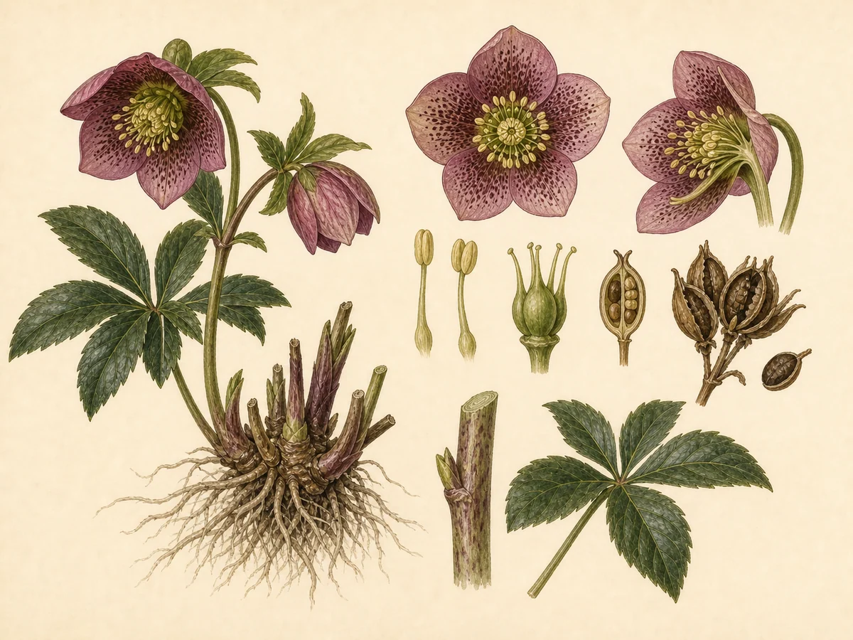 Prancha botânica complementar de Heléboro-oriental (Helleborus × hybridus) com caracteres de identificação e ciclo de vida