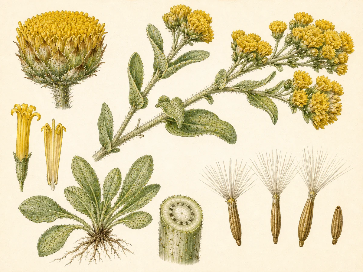Prancha botânica complementar de Helicriso-fétido — não plantar na Madeira (Helichrysum foetidum) com caracteres de identificação e ciclo de vida