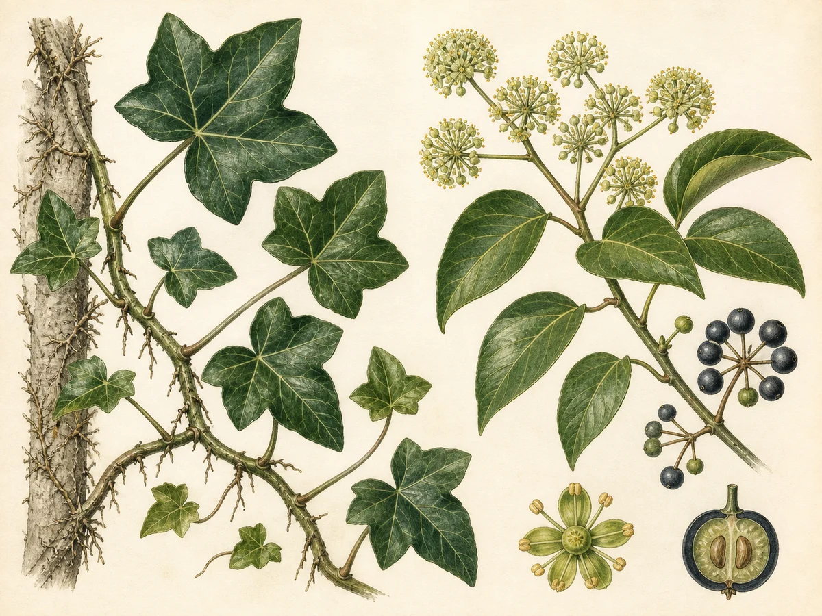 Prancha botânica complementar de Hera-atlântica (Hedera hibernica) com caracteres de identificação e ciclo de vida