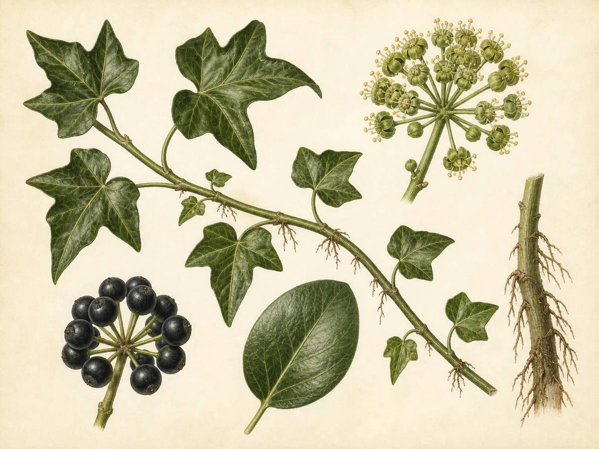 Prancha botânica complementar de Hera-da-Madeira (Hedera maderensis subsp. maderensis) com caracteres de identificação e ciclo de vida