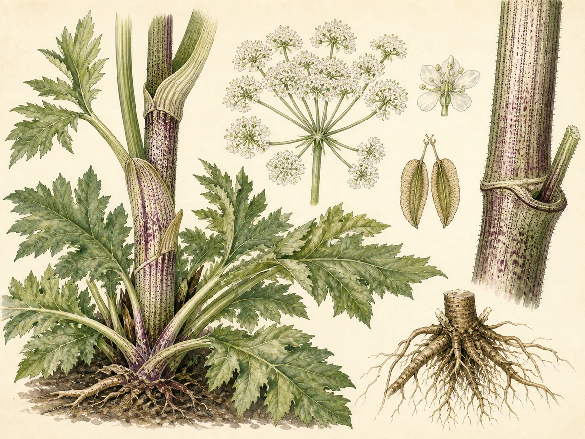 Prancha botânica complementar de Heracleum mantegazzianum — não plantar (Heracleum mantegazzianum) com caracteres de identificação e ciclo de vida