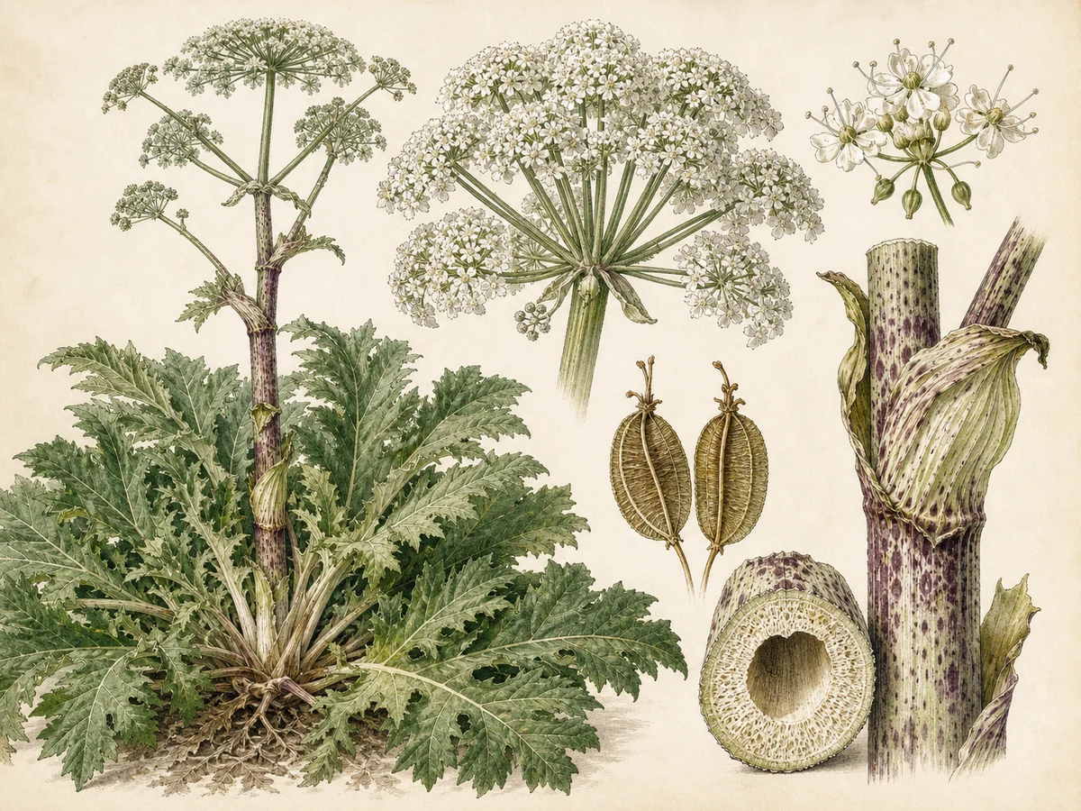 Prancha botânica complementar de Heracleum sosnowskyi — não plantar (Heracleum sosnowskyi) com caracteres de identificação e ciclo de vida