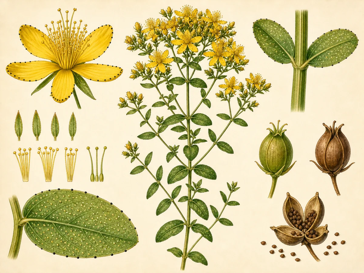 Prancha botânica complementar de Hipericão (Hypericum perforatum) com caracteres de identificação e ciclo de vida