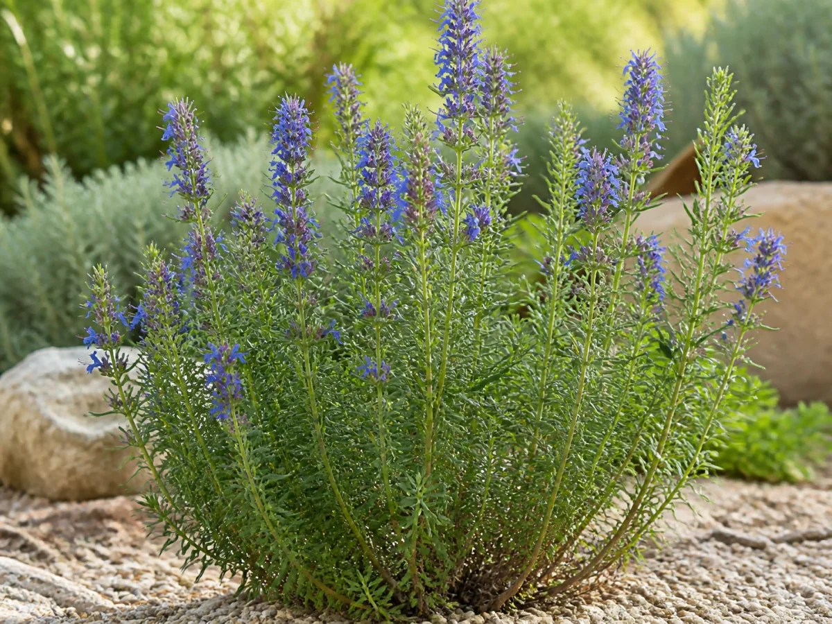 Prancha botânica complementar de Hissopo (Hyssopus officinalis) com caracteres de identificação e ciclo de vida