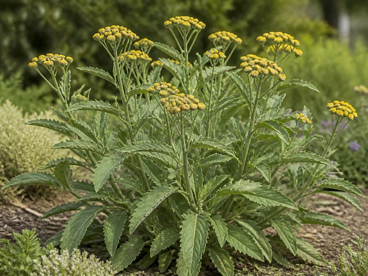 Prancha botânica complementar de Hortelã-da-Bíblia (Tanacetum balsamita) com caracteres de identificação e ciclo de vida