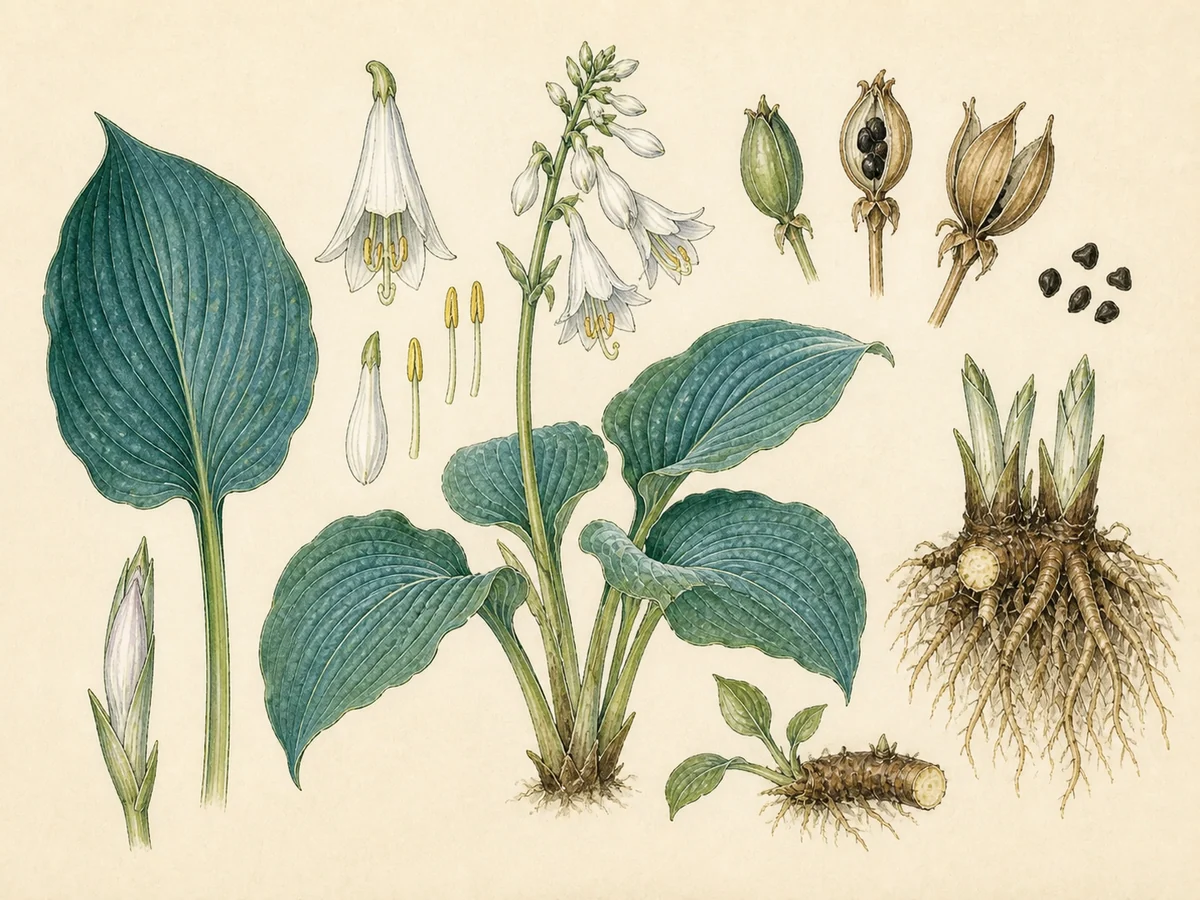 Prancha botânica complementar de Hosta-de-Siebold (Hosta sieboldiana) com caracteres de identificação e ciclo de vida