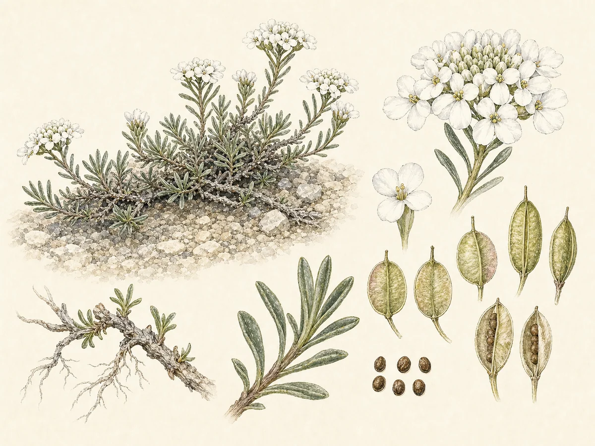 Prancha botânica complementar de Iberis-microcarpa (Iberis procumbens subsp. microcarpa) com caracteres de identificação e ciclo de vida