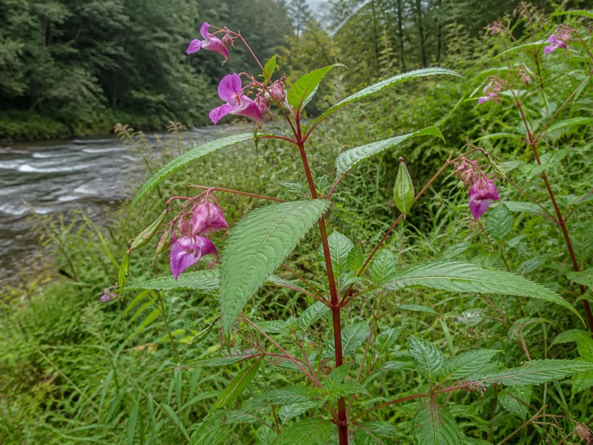 Prancha botânica complementar de Bálsamo-do-Himalaia — não plantar (Impatiens glandulifera) com caracteres de identificação e ciclo de vida
